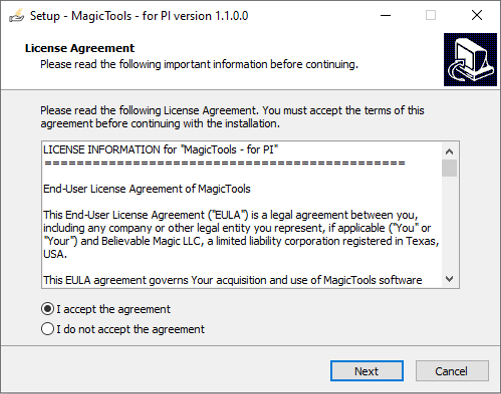 MagicTools Installer screenshot of page one - license agreement